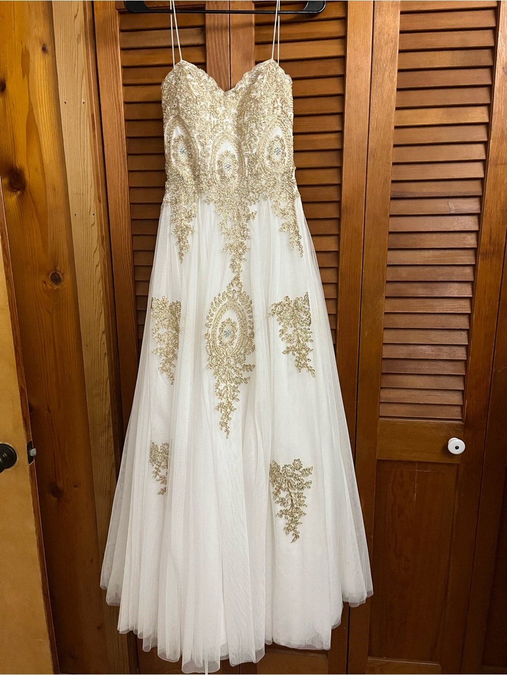Gold-Embroidered White Strapless Prom Gown